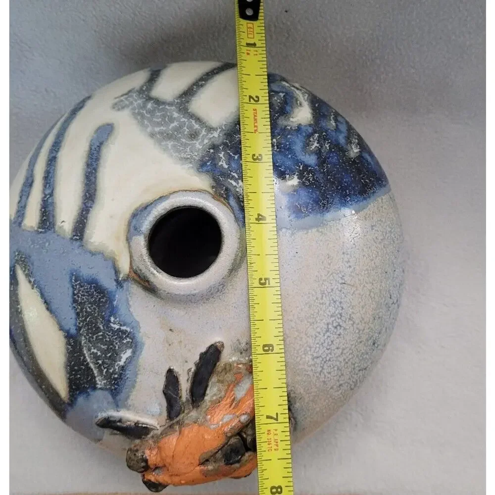 Vintage Studio Art Pottery Fly Bug Large Round Orb Vase Glaze Blue